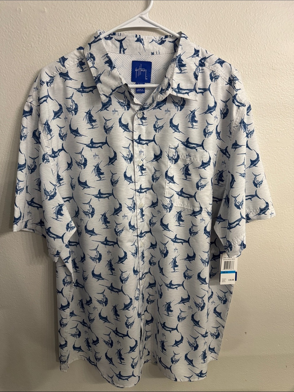Guy Harvey White Short-Sleeve Camp Shirt with Blue Marlin Print